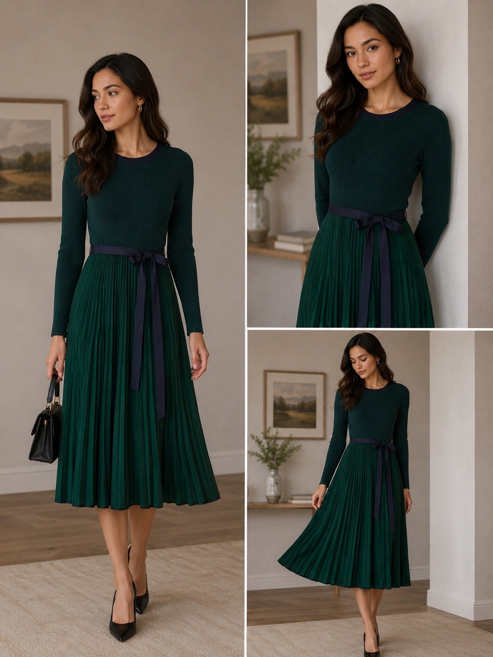 Boden Deep Forest Green Pleated Midi Dress with Navy Waist Tie